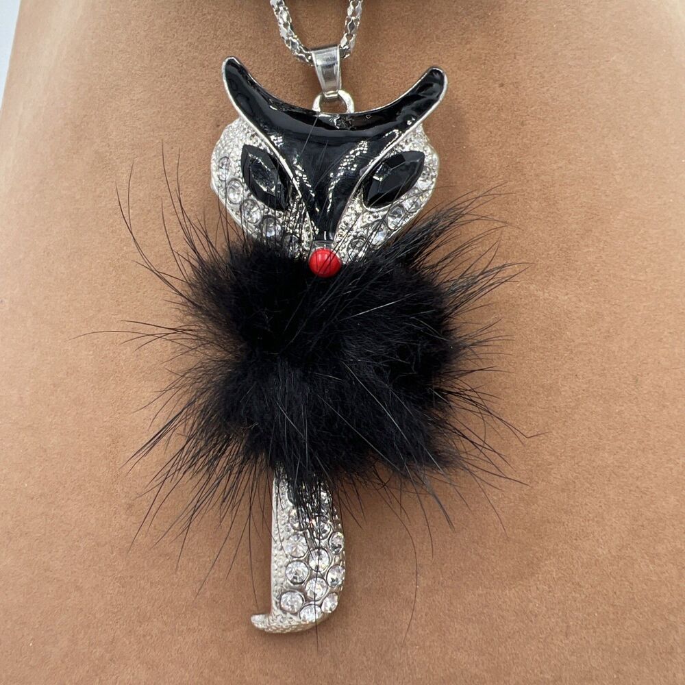 Betsey Johnson Crystal Fox Pendant Necklace Fur Silver Tone Black Red Nose 30"